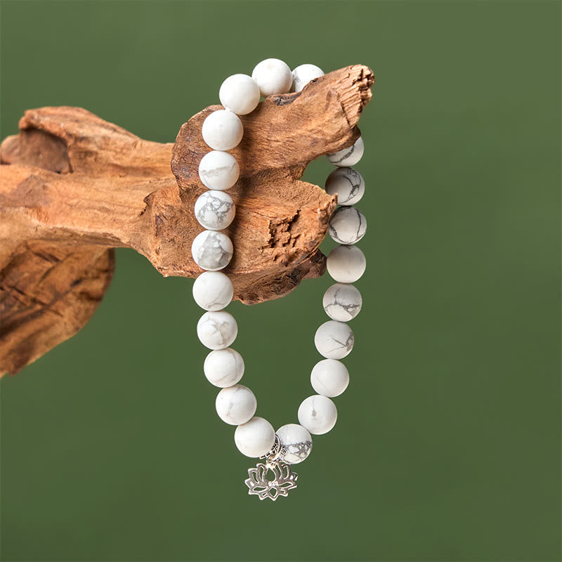 Buddha Stones 925 Sterling Silver Lotus Design Natural White Turquoise Wealth Bracelet