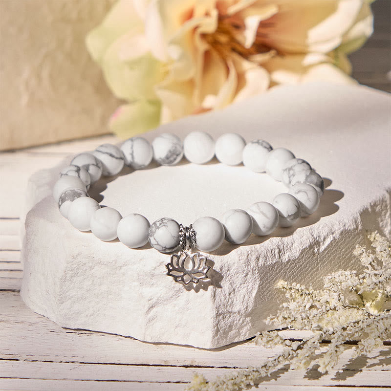 Buddha Stones 925 Sterling Silver Lotus Design Natural White Turquoise Wealth Bracelet