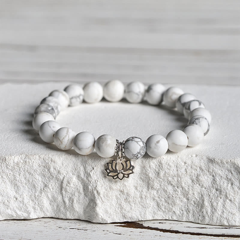 Buddha Stones 925 Sterling Silver Lotus Design Natural White Turquoise Wealth Bracelet