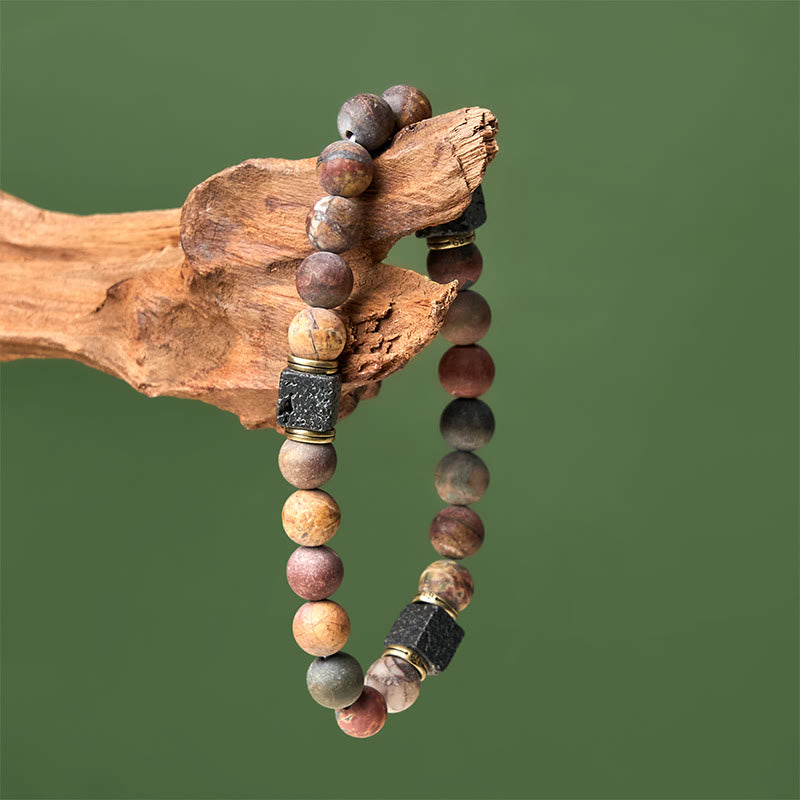 Buddha Stones Natural Picasso Jasper Square Lava Rock Positive Bracelet