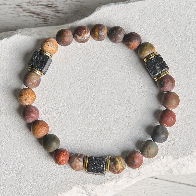 Buddha Stones Natural Picasso Jasper Square Lava Rock Positive Bracelet