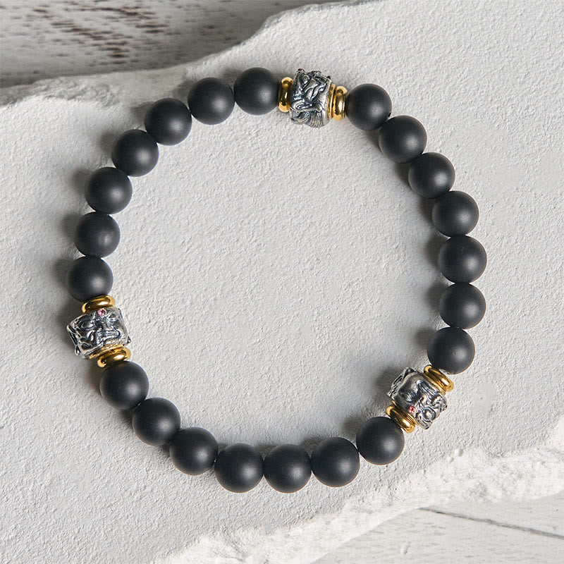 Buddha Stones Natural Frosted Black Onyx Buddha Face Protection Bracelet