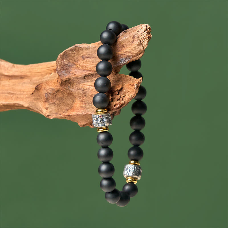 Buddha Stones Natural Frosted Black Onyx Buddha Face Protection Bracelet