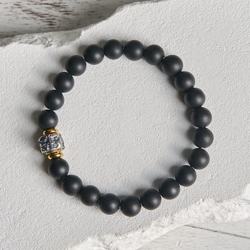Buddha Stones Natural Frosted Black Onyx Buddha Face Support Bracelet