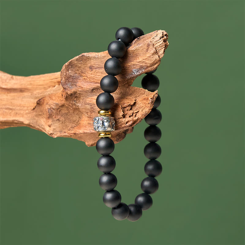 Buddha Stones Natural Frosted Black Onyx Buddha Face Support Bracelet