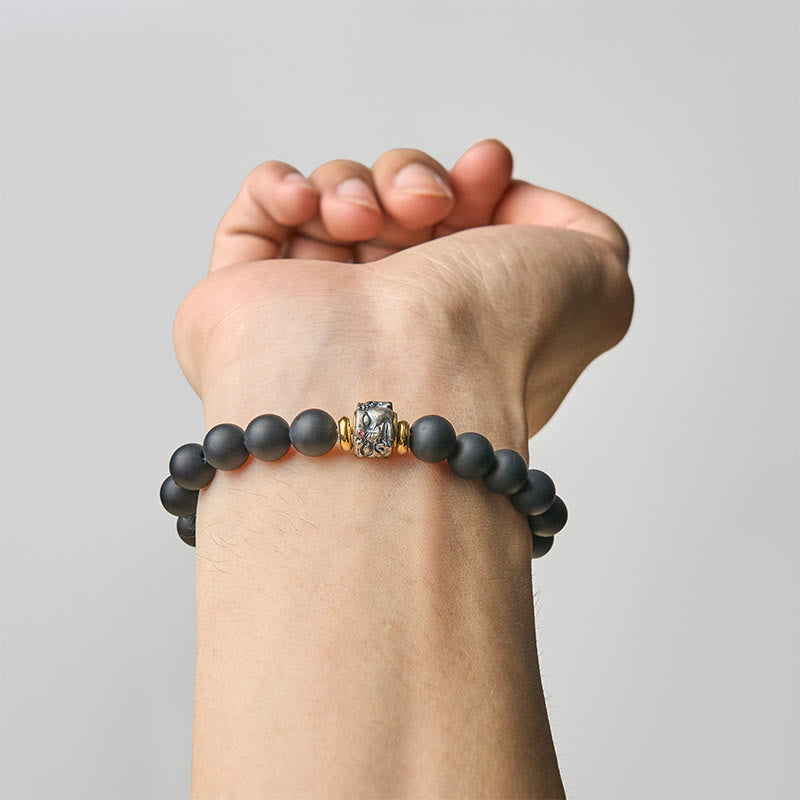 Buddha Stones Natural Frosted Black Onyx Buddha Face Support Bracelet