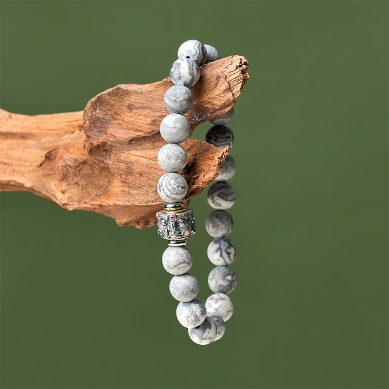 Buddha Stones Natural Frosted Grey Jasper Buddha Face Healing Protection Bracelet