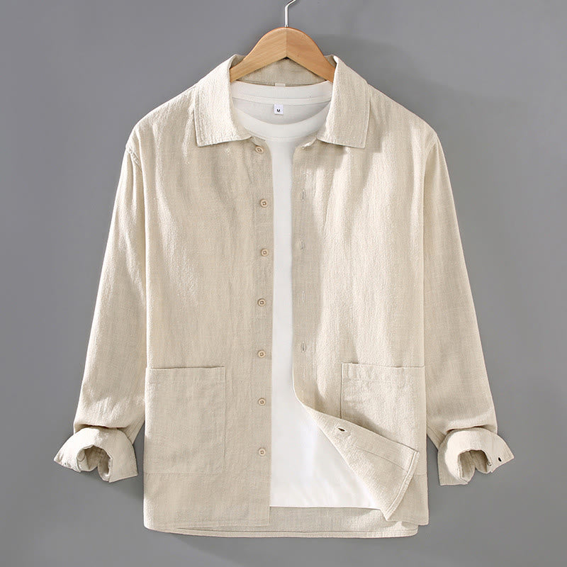Buddha Stones Solid Color Long Sleeve Buttons Shirt Men Ramie Cotton Clothing With Pockets