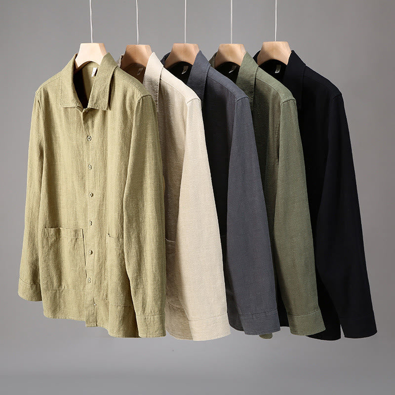 Buddha Stones Solid Color Long Sleeve Buttons Shirt Men Ramie Cotton Clothing With Pockets