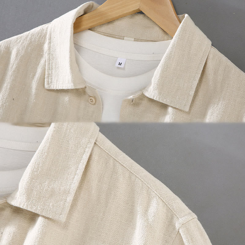 Buddha Stones Solid Color Long Sleeve Buttons Shirt Men Ramie Cotton Clothing With Pockets
