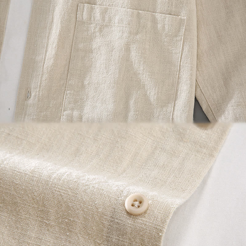 Buddha Stones Solid Color Long Sleeve Buttons Shirt Men Ramie Cotton Clothing With Pockets