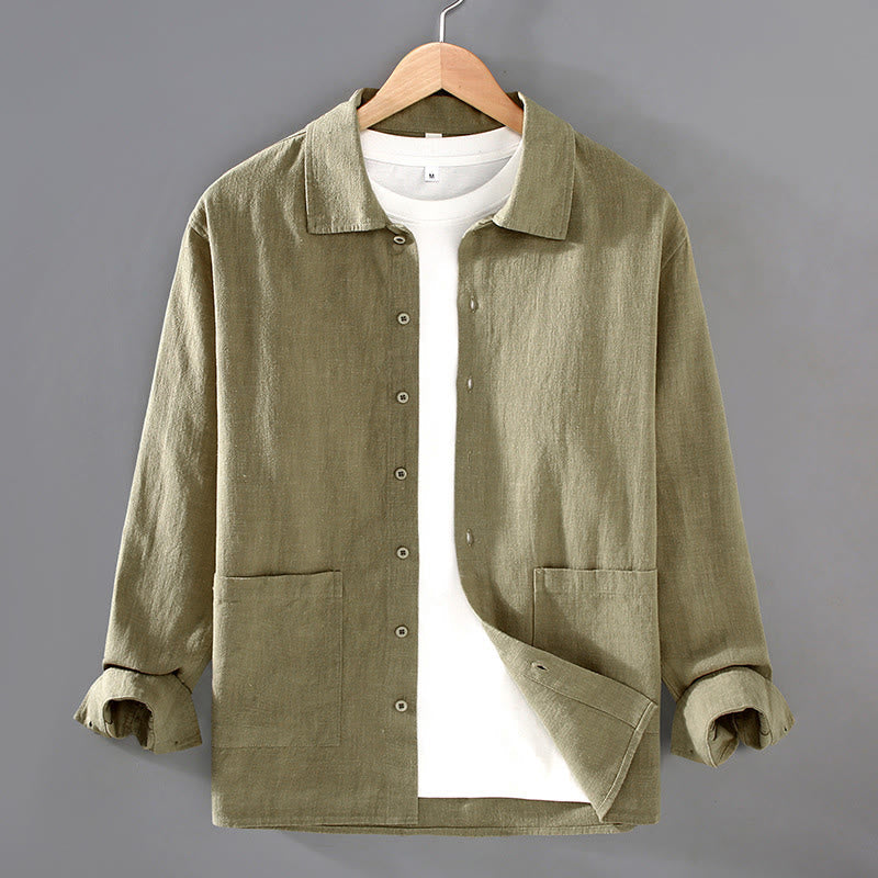 Buddha Stones Solid Color Long Sleeve Buttons Shirt Men Ramie Cotton Clothing With Pockets