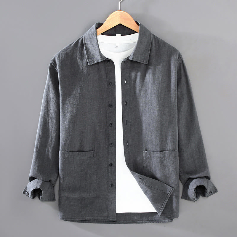 Buddha Stones Solid Color Long Sleeve Buttons Shirt Men Ramie Cotton Clothing With Pockets