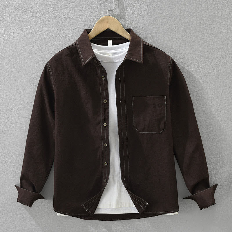 Buddha Stones Commute Buttons Long Sleeve Plain Shirt Men Clothing With Pocket
