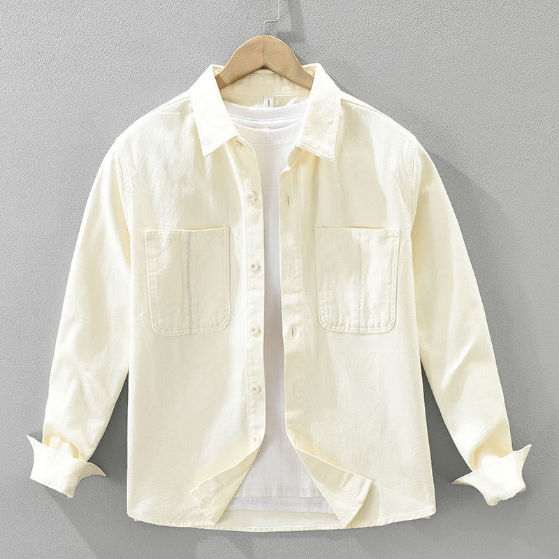 Buddha Stones Spring Commute Buttons Long Sleeve Shirt Men Cotton Clothing With Pockets