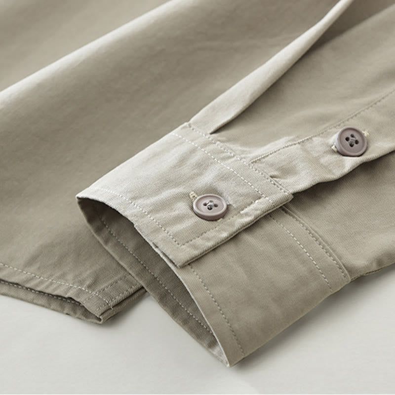 Buddha Stones Daily Plain Buttons Design Men's Long Sleeve Pure Cotton Shirt With Pockets