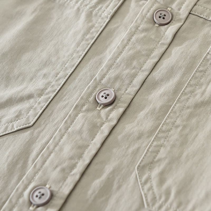 Buddha Stones Daily Plain Buttons Design Men's Long Sleeve Pure Cotton Shirt With Pockets