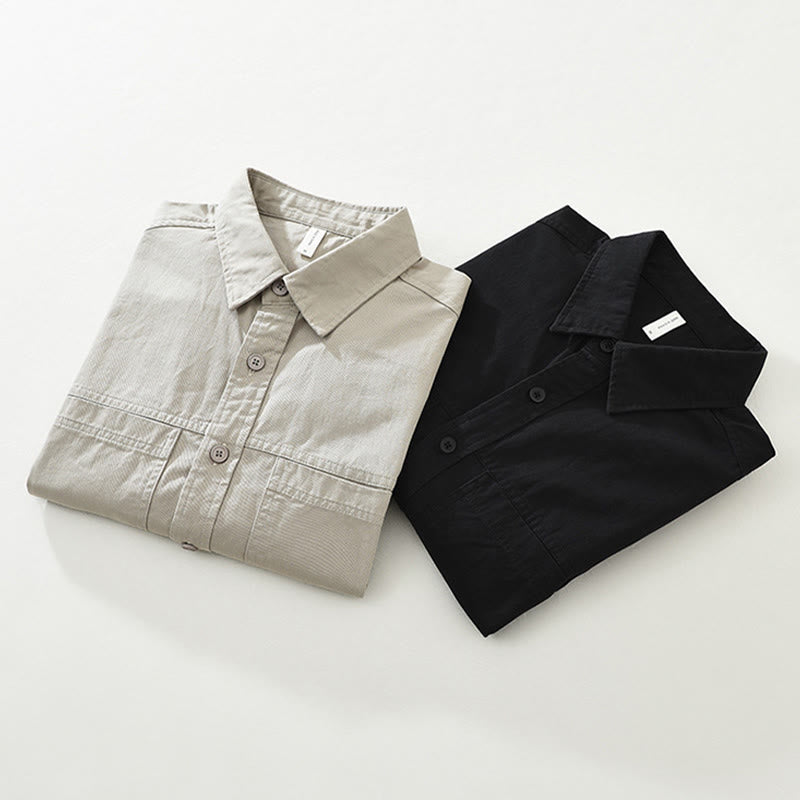 Buddha Stones Daily Plain Buttons Design Men's Long Sleeve Pure Cotton Shirt With Pockets