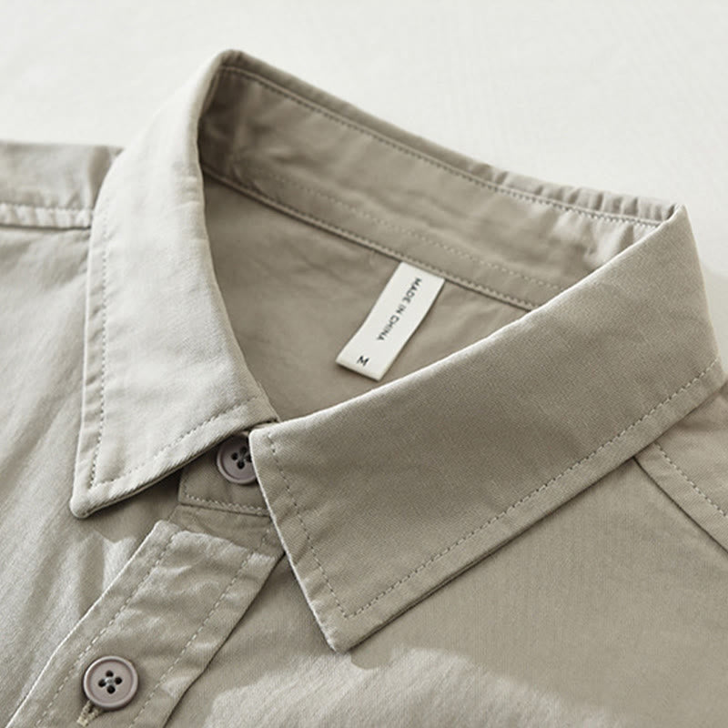Buddha Stones Daily Plain Buttons Design Men's Long Sleeve Pure Cotton Shirt With Pockets