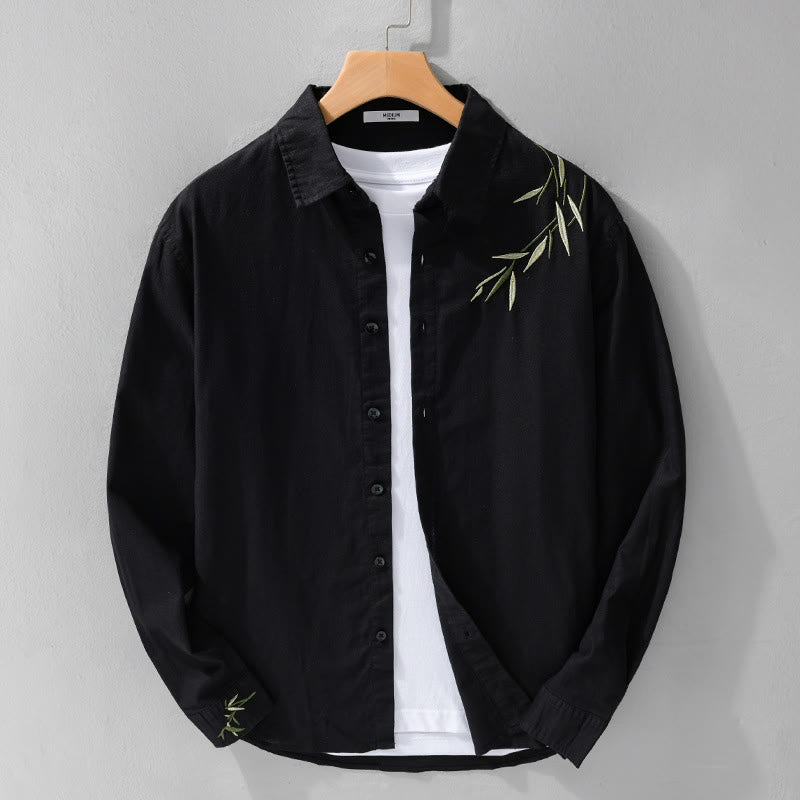 Buddha Stones Embroidery Leaves Pattern Men's Long Sleeve Cotton Linen Shirt