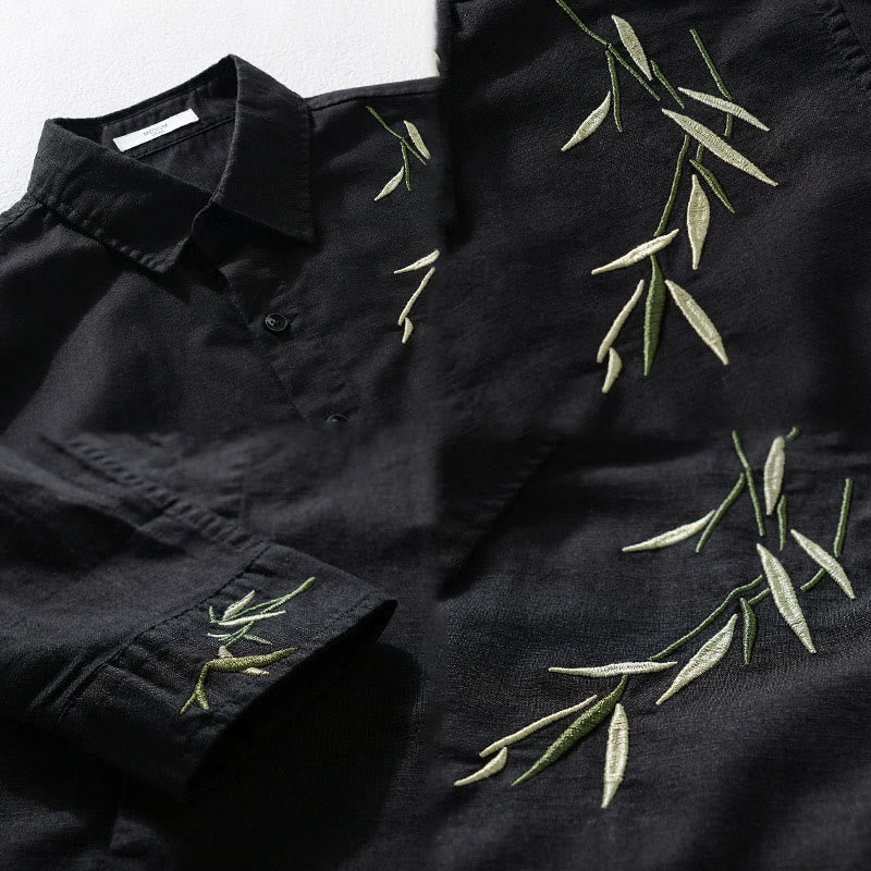 Buddha Stones Embroidery Leaves Pattern Men's Long Sleeve Cotton Linen Shirt