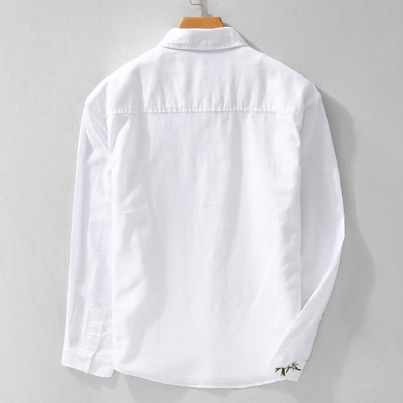 Buddha Stones Embroidery Leaves Pattern Men's Long Sleeve Cotton Linen Shirt