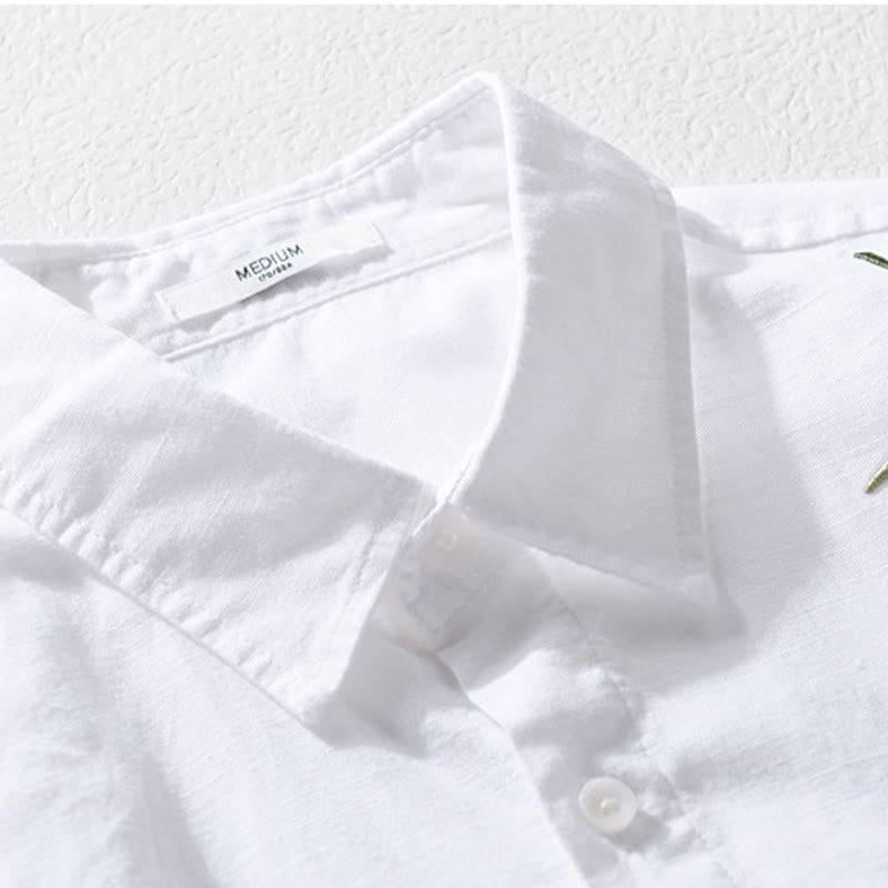 Buddha Stones Embroidery Leaves Pattern Men's Long Sleeve Cotton Linen Shirt