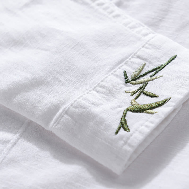 Buddha Stones Embroidery Leaves Pattern Men's Long Sleeve Cotton Linen Shirt