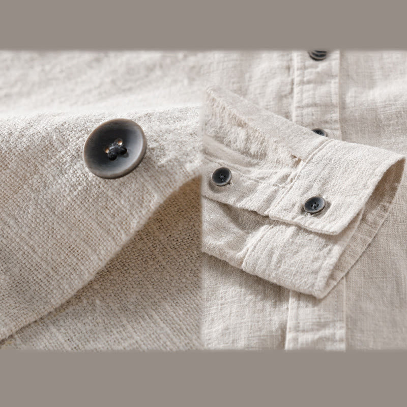 Buddha Stones Men's Pure Color Lapel Buttons Simple Design Ramie Cotton Long Sleeve Shirt