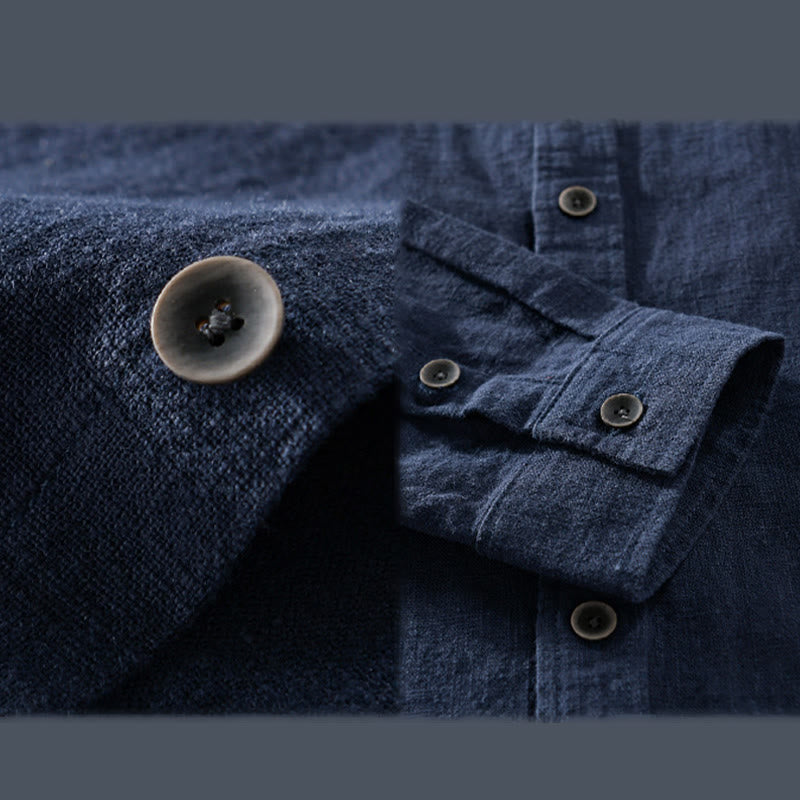 Buddha Stones Men's Pure Color Lapel Buttons Simple Design Ramie Cotton Long Sleeve Shirt