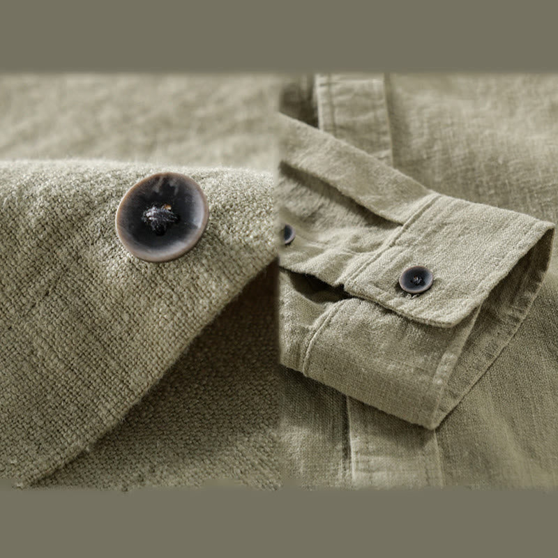 Buddha Stones Men's Pure Color Lapel Buttons Simple Design Ramie Cotton Long Sleeve Shirt