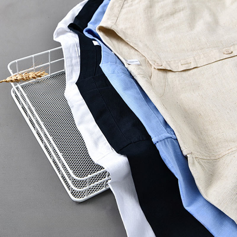 Buddha Stones Men's Spring Pure Color Stand Collar Cotton Linen Long Sleeve Shirt