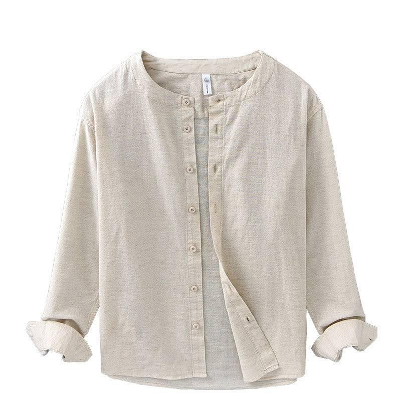 Buddha Stones Men's Spring Pure Color Stand Collar Cotton Linen Long Sleeve Shirt