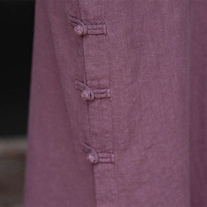 Buddha Stones Fall Plain Chinese Frog-Button Design Cotton Linen Long Sleeve Midi Dress With Pockets