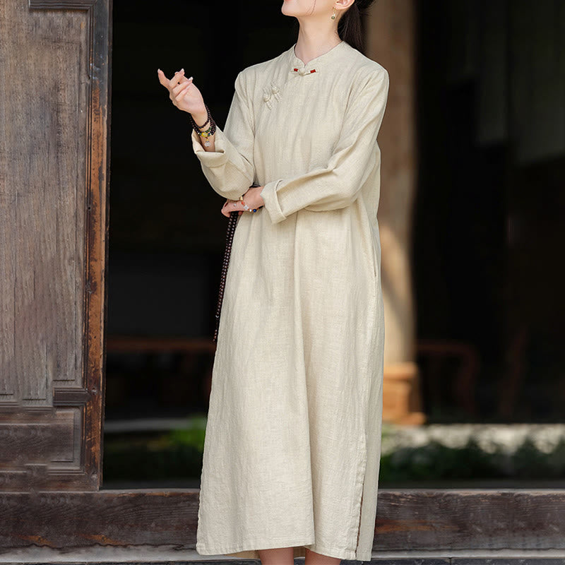 Buddha Stones Fall Plain Chinese Frog-Button Design Cotton Linen Long Sleeve Midi Dress With Pockets