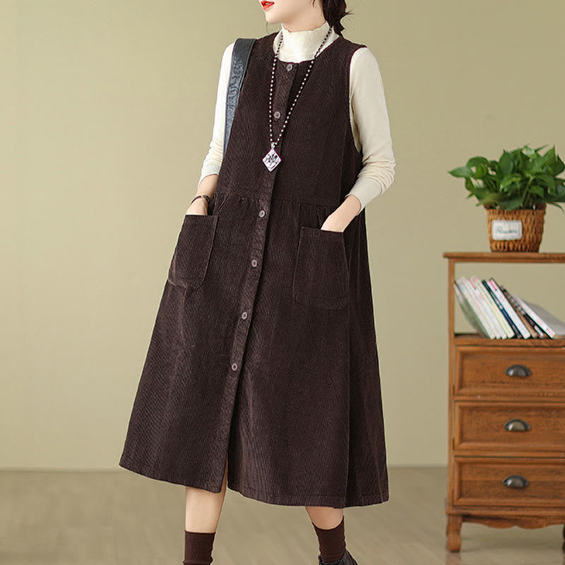 Buddha Stones Fall Retro Buttons Design Cotton Corduroy Sleeveless Midi Dress With Pockets
