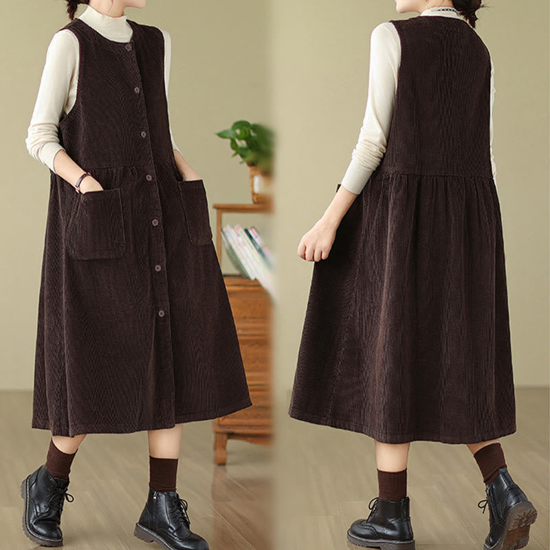 Buddha Stones Fall Retro Buttons Design Cotton Corduroy Sleeveless Midi Dress With Pockets