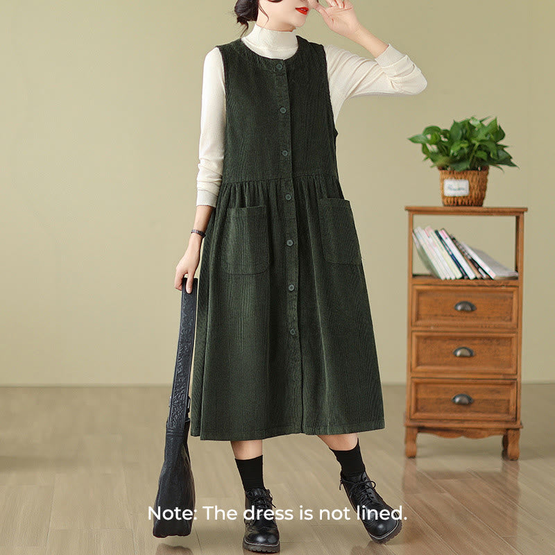 Buddha Stones Fall Retro Buttons Design Cotton Corduroy Sleeveless Midi Dress With Pockets