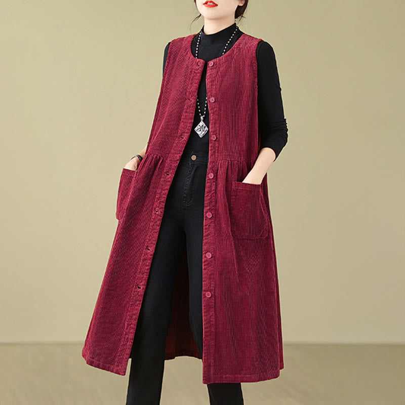 Buddha Stones Fall Retro Buttons Design Cotton Corduroy Sleeveless Midi Dress With Pockets