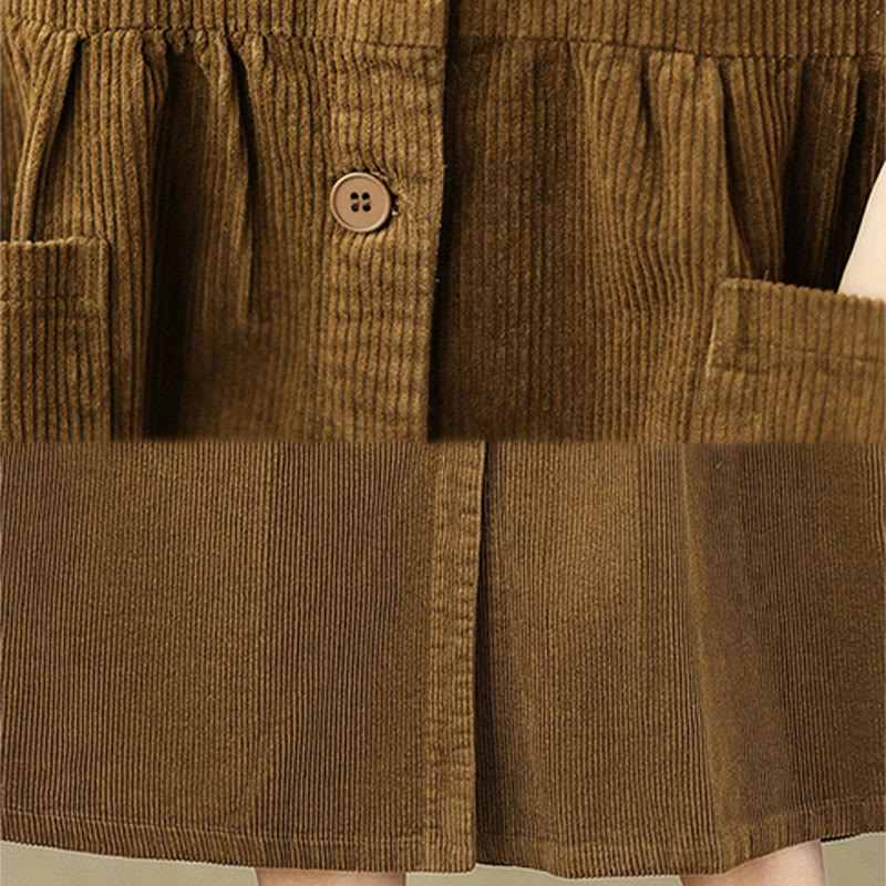 Buddha Stones Fall Retro Buttons Design Cotton Corduroy Sleeveless Midi Dress With Pockets