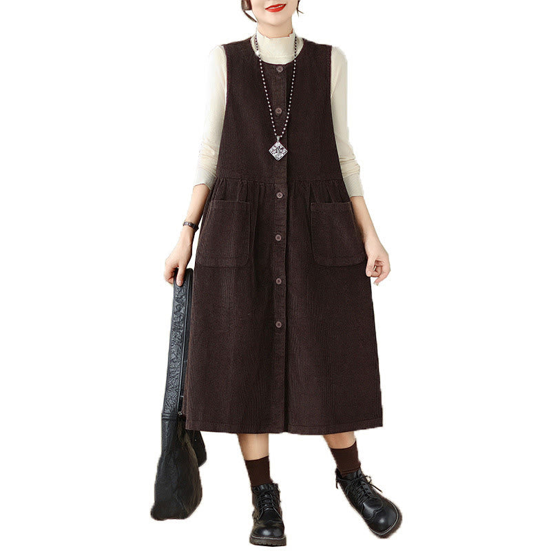Buddha Stones Fall Retro Buttons Design Cotton Corduroy Sleeveless Midi Dress With Pockets