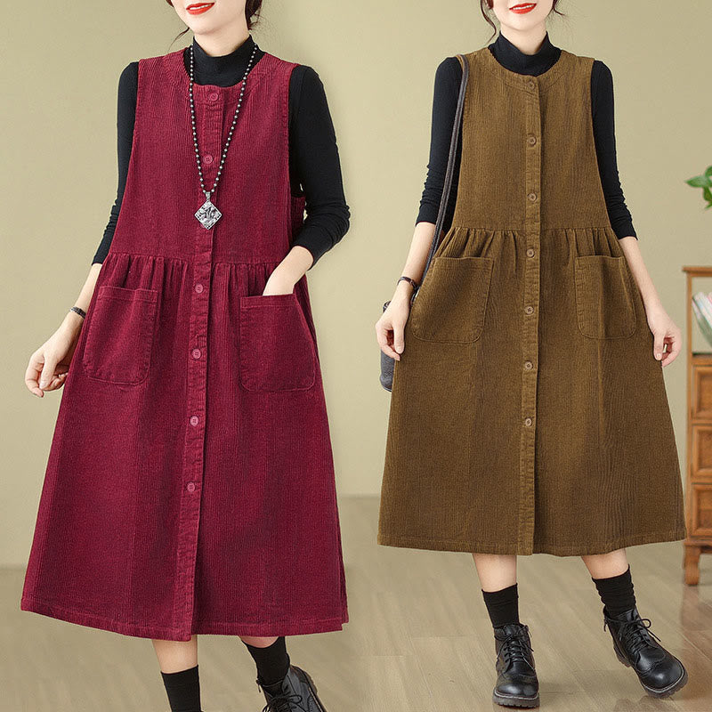 Buddha Stones Fall Retro Buttons Design Cotton Corduroy Sleeveless Midi Dress With Pockets