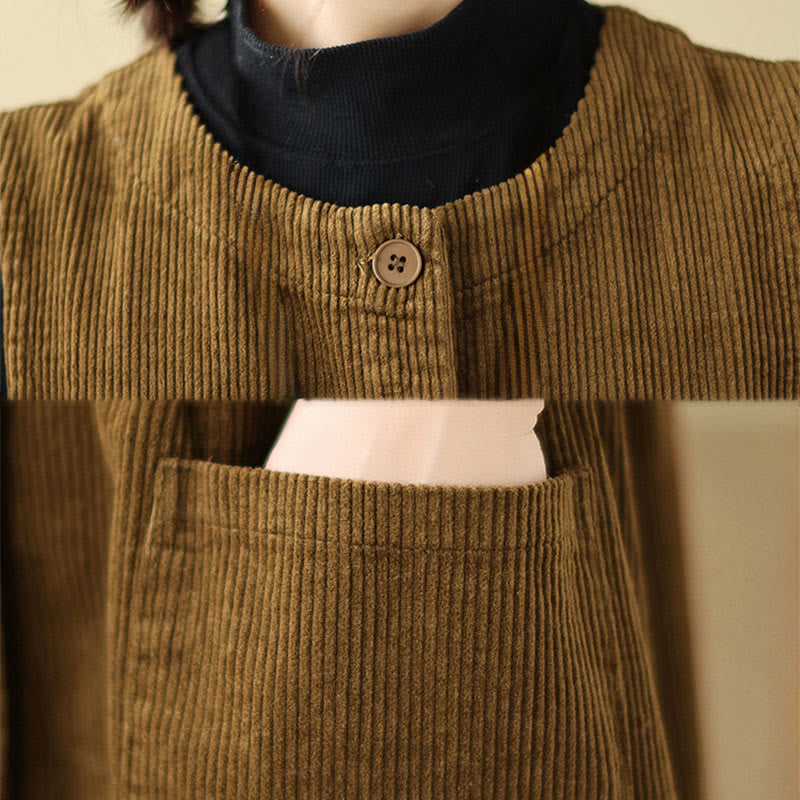 Buddha Stones Fall Retro Buttons Design Cotton Corduroy Sleeveless Midi Dress With Pockets