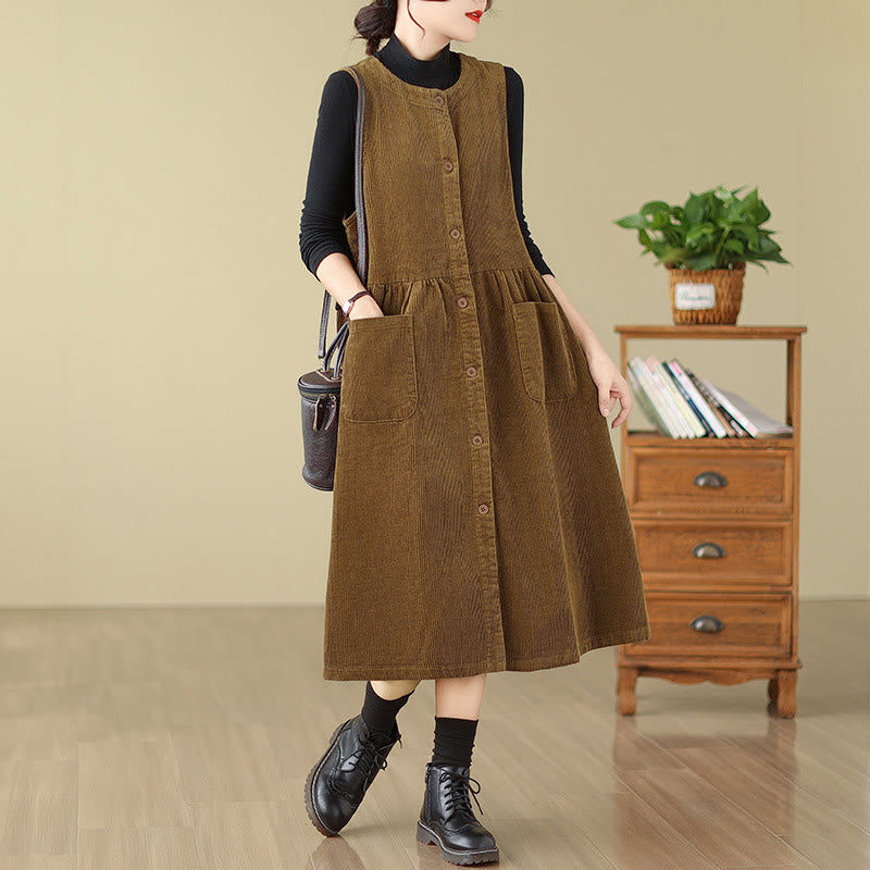 Buddha Stones Fall Retro Buttons Design Cotton Corduroy Sleeveless Midi Dress With Pockets