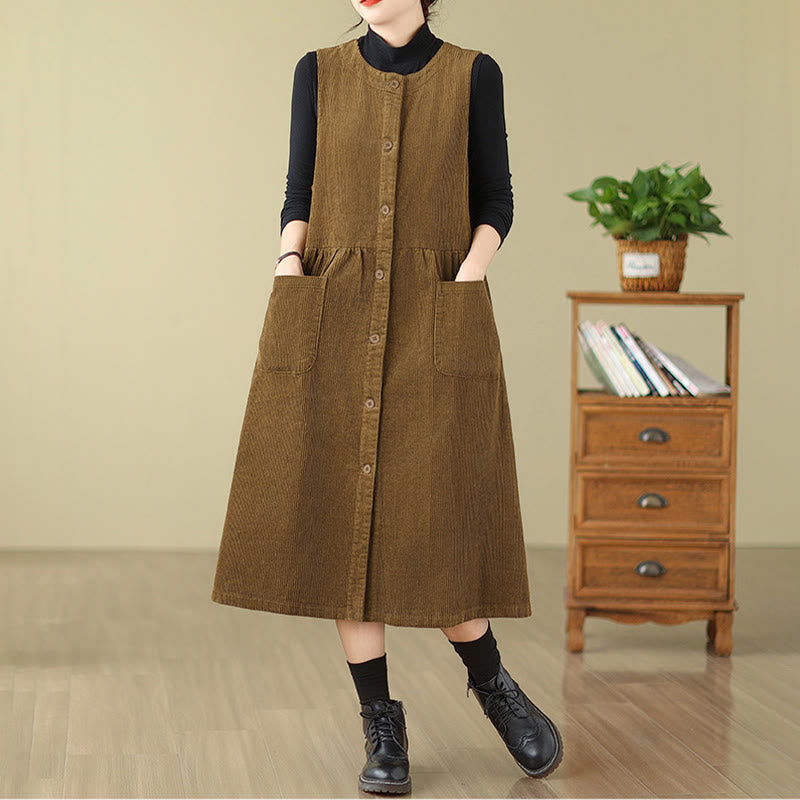 Buddha Stones Fall Retro Buttons Design Cotton Corduroy Sleeveless Midi Dress With Pockets