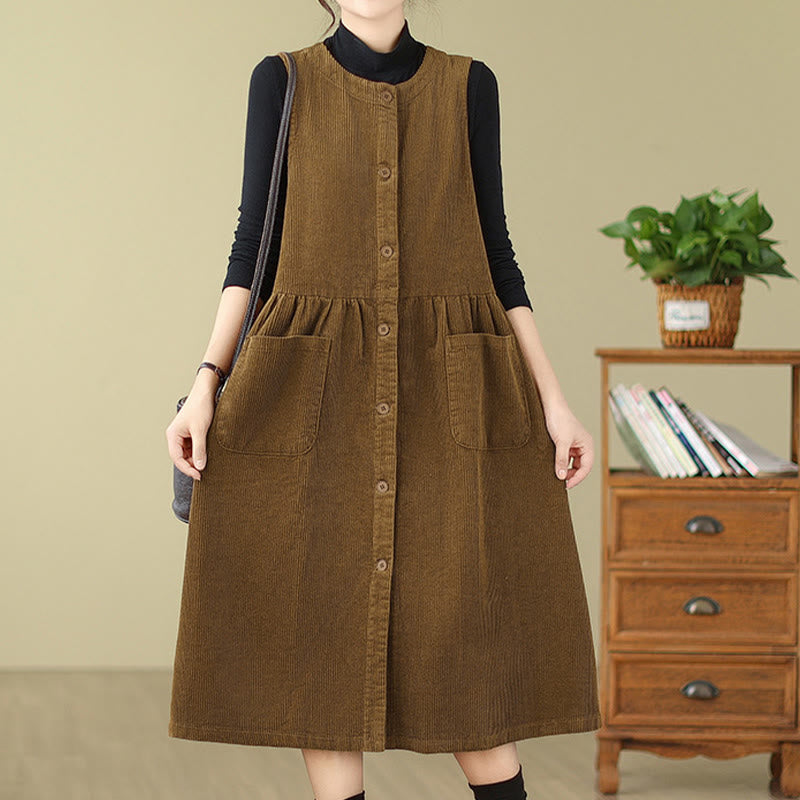 Buddha Stones Fall Retro Buttons Design Cotton Corduroy Sleeveless Midi Dress With Pockets