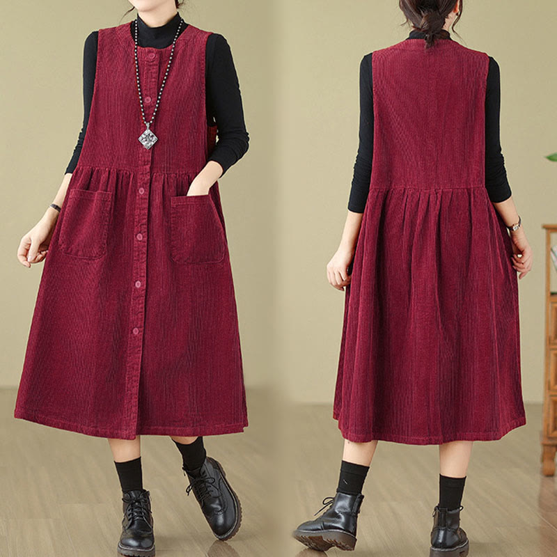 Buddha Stones Fall Retro Buttons Design Cotton Corduroy Sleeveless Midi Dress With Pockets