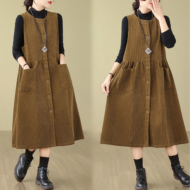Buddha Stones Fall Retro Buttons Design Cotton Corduroy Sleeveless Midi Dress With Pockets