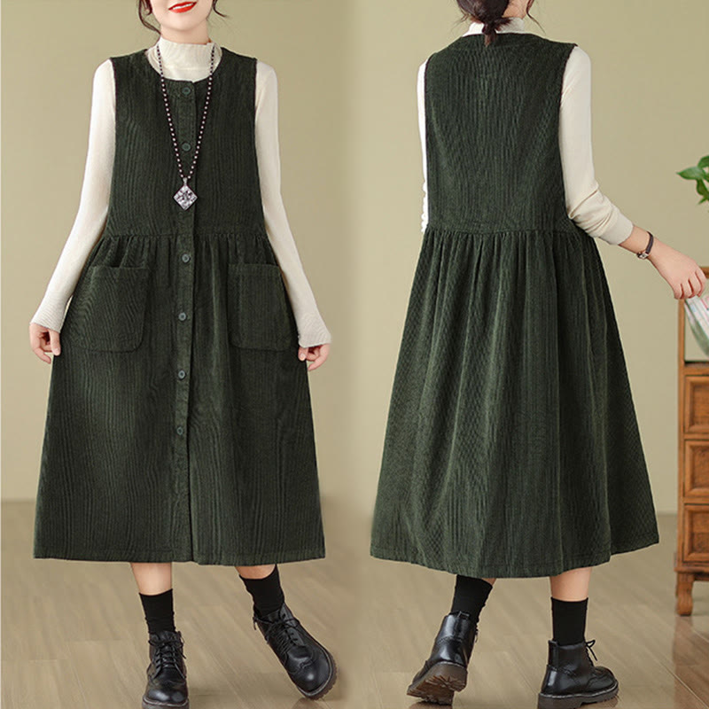 Buddha Stones Fall Retro Buttons Design Cotton Corduroy Sleeveless Midi Dress With Pockets