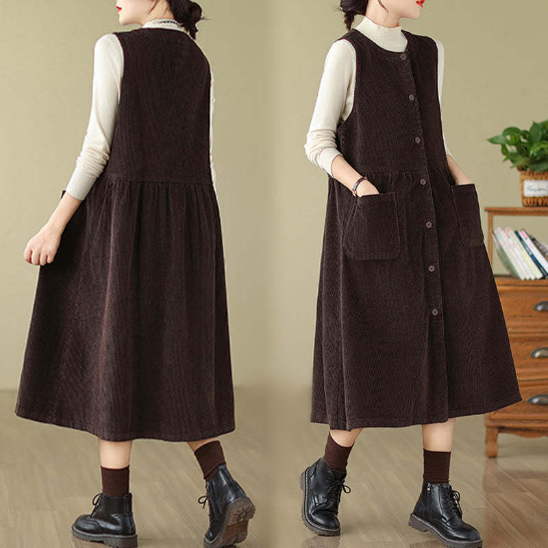 Buddha Stones Fall Retro Buttons Design Cotton Corduroy Sleeveless Midi Dress With Pockets